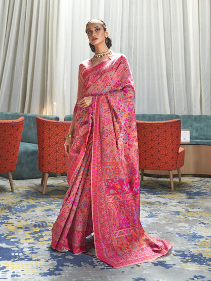 Rajwada Pink Printed Silk Blend Saree With Unstitched Blouse For Women