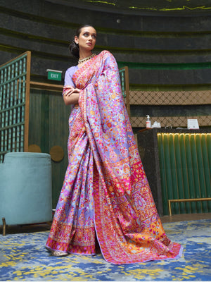 Rajwada Purple Printed Silk Blend Saree With Unstitched Blouse For Women
