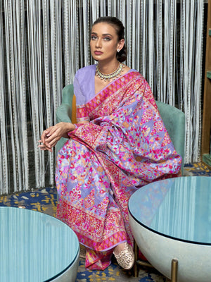 Rajwada Purple Printed Silk Blend Saree With Unstitched Blouse For Women