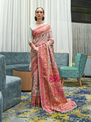 Rajwada Sea Green Printed Silk Blend Saree With Unstitched Blouse For Women