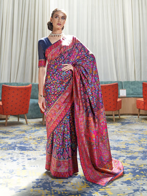 Rajwada Navy Blue Printed Silk Blend Saree With Unstitched Blouse For Women