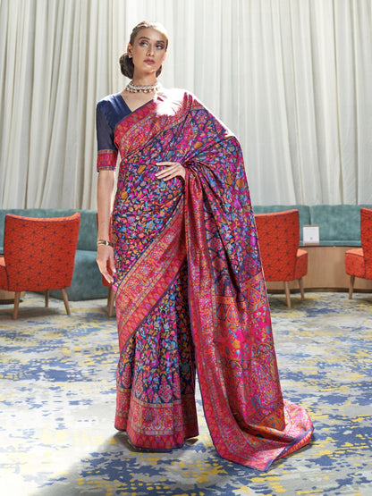 Rajwada Navy Blue Printed Silk Blend Saree With Unstitched Blouse For Women