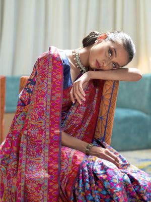 Rajwada Navy Blue Printed Silk Blend Saree With Unstitched Blouse For Women
