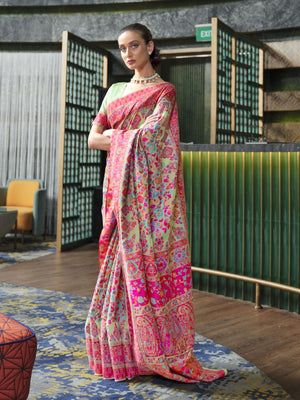 Rajwada Light Green Printed Silk Blend Saree With Unstitched Blouse For Women