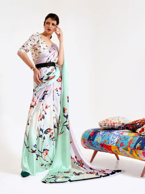 Rajwada Light Pink And Sea Green Printed Soft Crepe Saree With Unstitched Blouse For Women