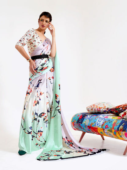 Rajwada Light Pink And Sea Green Printed Soft Crepe Saree With Unstitched Blouse For Women