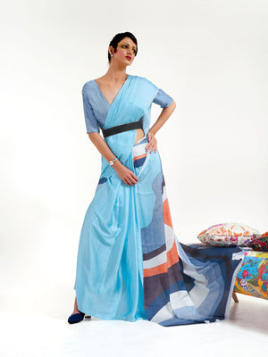 Rajwada Light Blue Printed Soft Crepe Saree With Unstitched Blouse For Women