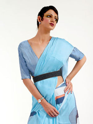 Rajwada Light Blue Printed Soft Crepe Saree With Unstitched Blouse For Women