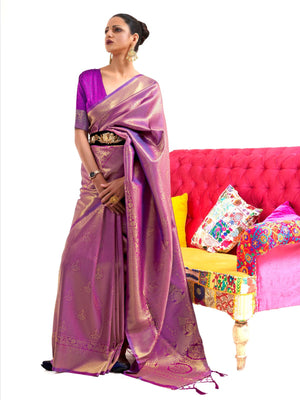 Rajwada Purple Woven Design Silk Blend Saree With Unstitched Blouse For Women
