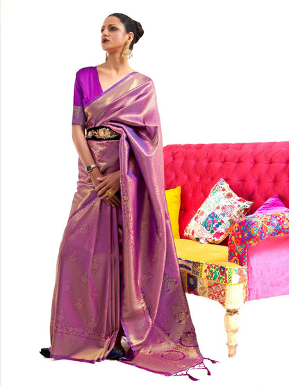 Rajwada Purple Woven Design Silk Blend Saree With Unstitched Blouse For Women