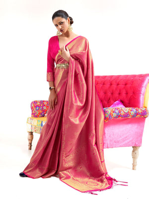 Rajwada Pink Woven Design Silk Blend Saree With Unstitched Blouse For Women