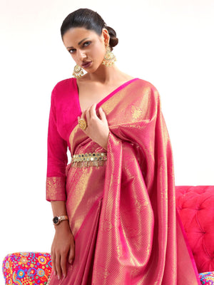 Rajwada Pink Woven Design Silk Blend Saree With Unstitched Blouse For Women
