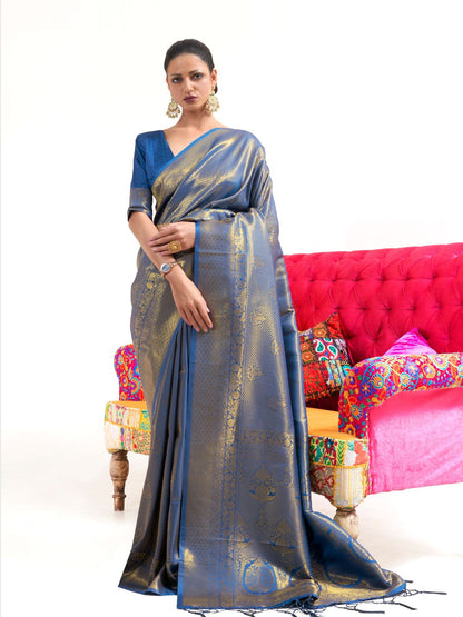 Rajwada Blue Woven Design Silk Blend Saree With Unstitched Blouse For Women