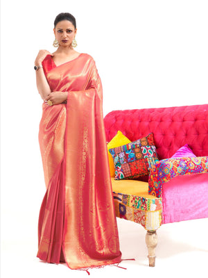 Rajwada Red Woven Design Silk Blend Saree With Unstitched Blouse For Women