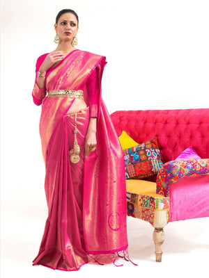 Rajwada Pink Woven Design Silk Blend Saree With Unstitched Blouse For Women