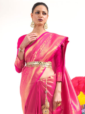Rajwada Pink Woven Design Silk Blend Saree With Unstitched Blouse For Women
