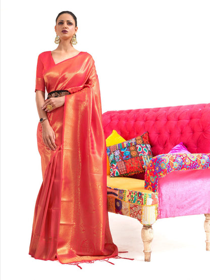 Rajwada Red Woven Design Silk Blend Saree With Unstitched Blouse For Women