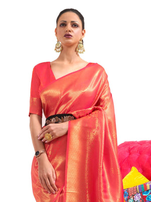 Rajwada Red Woven Design Silk Blend Saree With Unstitched Blouse For Women