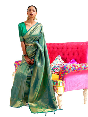 Rajwada Green Woven Design Silk Blend Saree With Unstitched Blouse For Women