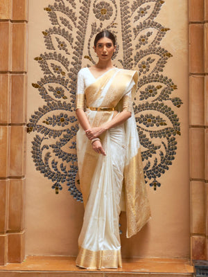 Rajwada White Woven Design Silk Blend Saree With Unstitched Blouse For Women