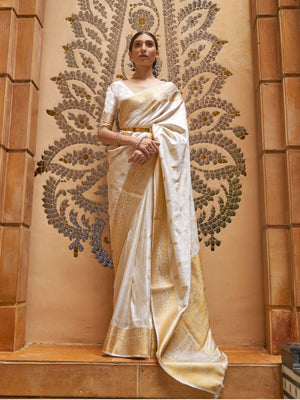 Rajwada White Woven Design Silk Blend Saree With Unstitched Blouse For Women
