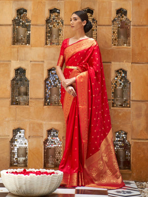 Rajwada Red Woven Design Silk Blend Saree With Unstitched Blouse For Women