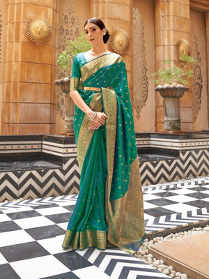 Rajwada Green Woven Design Silk Blend Saree With Unstitched Blouse For Women