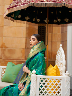 Rajwada Green Woven Design Silk Blend Saree With Unstitched Blouse For Women
