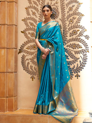 Rajwada Blue Woven Design Silk Blend Saree With Unstitched Blouse For Women