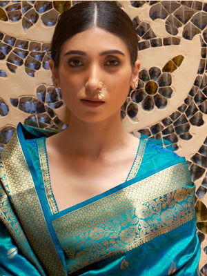 Rajwada Blue Woven Design Silk Blend Saree With Unstitched Blouse For Women
