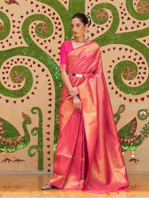Rajwada Pink Woven Design Silk Blend Saree With Unstitched Blouse For Women
