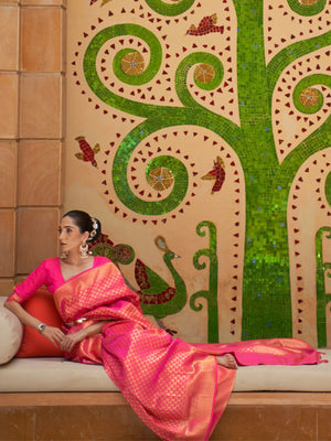Rajwada Pink Woven Design Silk Blend Saree With Unstitched Blouse For Women