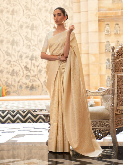 Rajwada Cream Woven Design Silk Blend Saree With Unstitched Blouse For Women