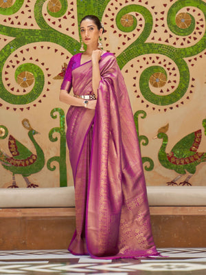 Rajwada Purple Woven Design Silk Blend Saree With Unstitched Blouse For Women