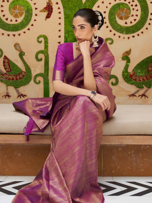 Rajwada Purple Woven Design Silk Blend Saree With Unstitched Blouse For Women