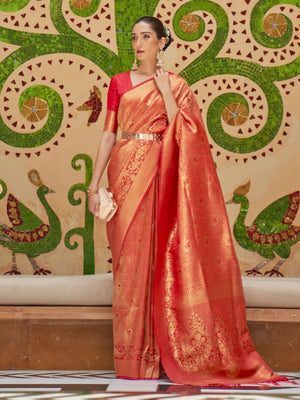 Rajwada Red Woven Design Silk Blend Saree With Unstitched Blouse For Women