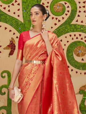 Rajwada Red Woven Design Silk Blend Saree With Unstitched Blouse For Women
