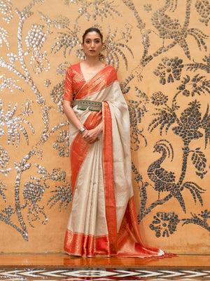 Rajwada White And Red  Woven Design Silk Blend Saree With Unstitched Blouse For Women