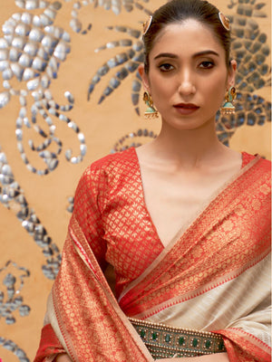 Rajwada White And Red  Woven Design Silk Blend Saree With Unstitched Blouse For Women