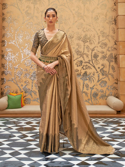 Rajwada Gold Woven Design Silk Blend Saree With Unstitched Blouse For Women