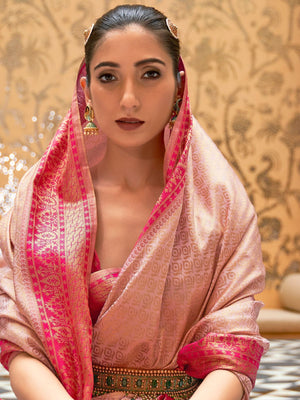 Rajwada Pink Woven Design Silk Blend Saree With Unstitched Blouse For Women