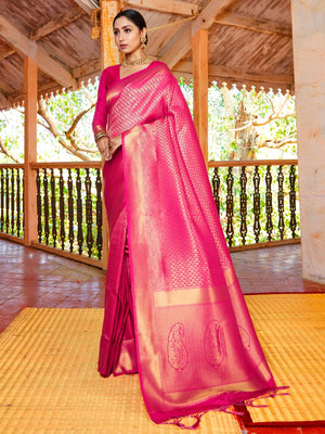 Rajwada Pink Silk Blend Woven Saree With Unstitched Blouse For Women