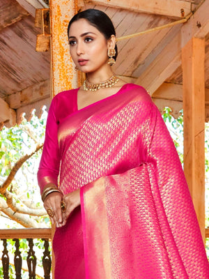 Rajwada Pink Silk Blend Woven Saree With Unstitched Blouse For Women