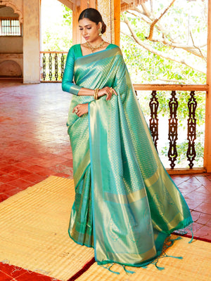 Rajwada Sea Green Silk Blend Woven Saree With Unstitched Blouse For Women