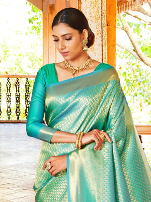 Rajwada Sea Green Silk Blend Woven Saree With Unstitched Blouse For Women