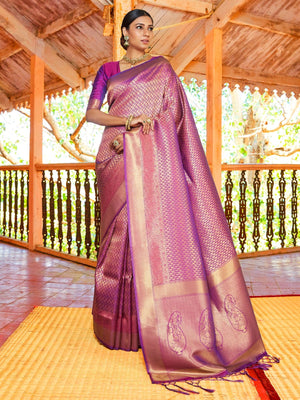 Rajwada Purple Silk Blend Woven Saree With Unstitched Blouse For Women