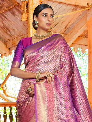 Rajwada Purple Silk Blend Woven Saree With Unstitched Blouse For Women