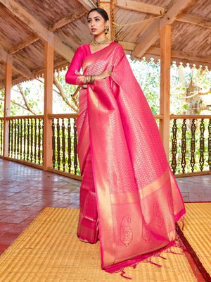Rajwada Pink Silk Blend Woven Saree With Unstitched Blouse For Women