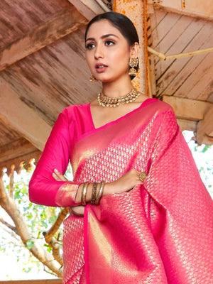 Rajwada Pink Silk Blend Woven Saree With Unstitched Blouse For Women