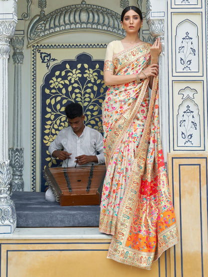 Rajwada Cream Printed Silk Blend Saree With Unstitched Blouse For Women